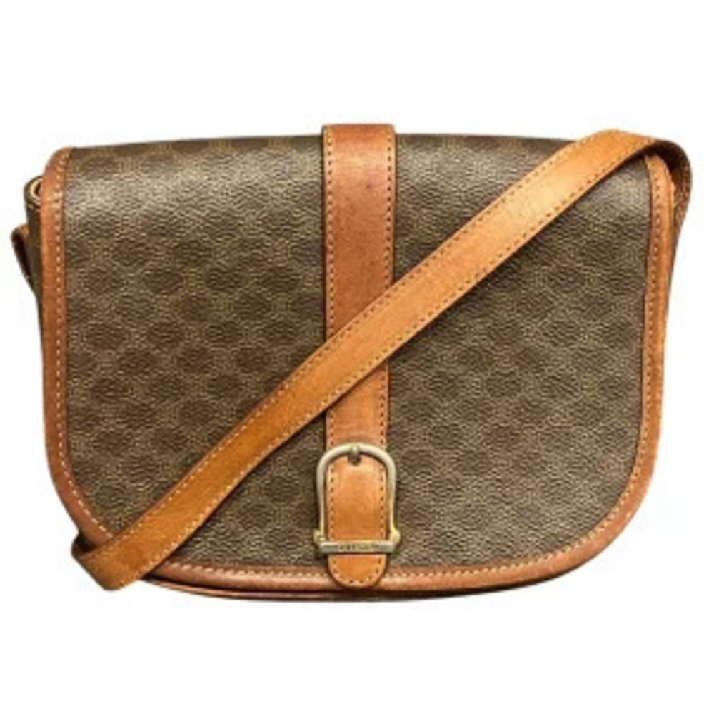 Celine Macadam shoulder bag tan leather flap monogram Brown